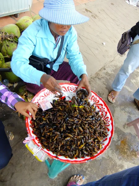 Kobieta sprzedaje smażone owady, Kambodża — Zdjęcie stockowe