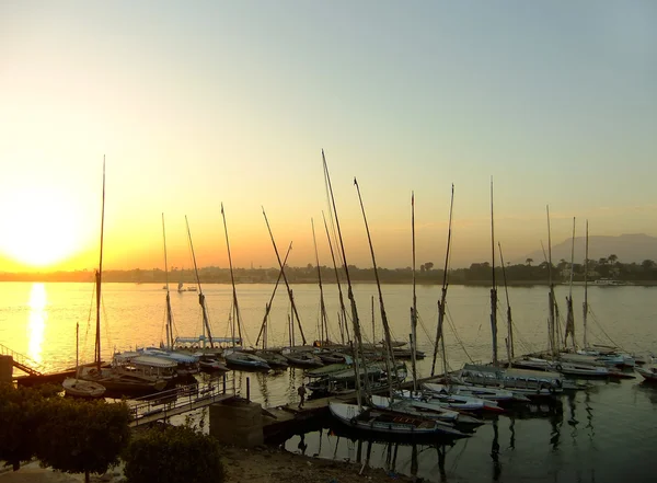 Felucca båtar i hamnen i solnedgången, luxor — Stockfoto