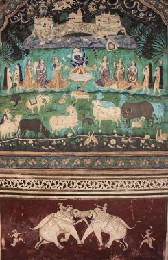 Colorful wall paintings in Chitrashala, Bundi Palace, India clipart