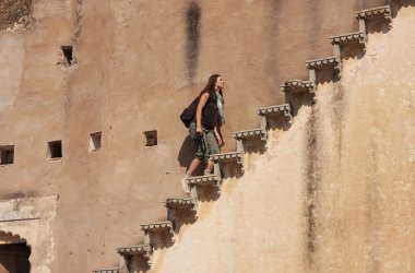 Young woman running up the stairs, Bundi Palace, India clipart