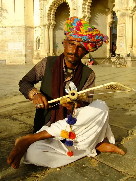 Uomo indiano che gioca a ravanahatha al lago Pichola, Udaipur, India — Foto Stock