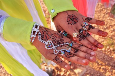 Local girl showing henna painting, Khichan village, India clipart