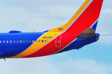 17 Ekim 2020 'de Denver Uluslararası Havalimanı, Colorado' da güneybatı toprakları tarafından işletilen Boeing 737 'nin yakın görüntüsü. Southwest Havayolları 1966 'da kuruldu..
