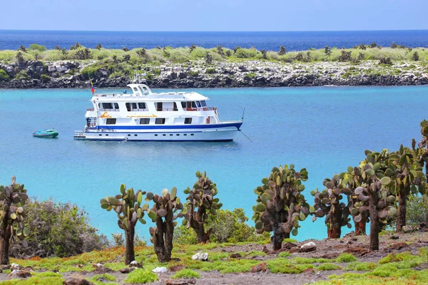 Τυπικό Τουριστικό Γιοτ Αγκυροβολημένο Μεταξύ Των Νησιών South Plaza Και — Φωτογραφία Αρχείου