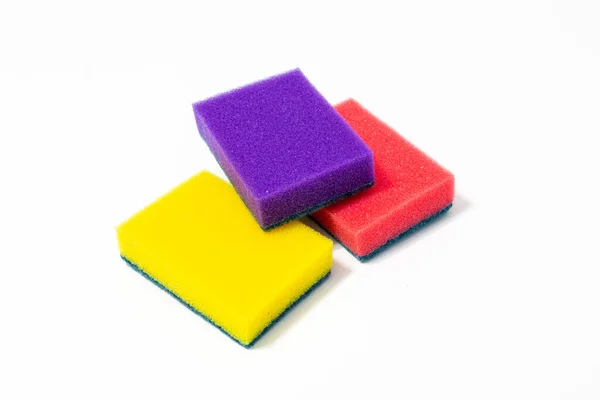 Three colored foam sponges for washing dishes — Stock Photo, Image