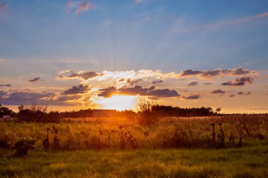 Bir sonbahar günü gün batımında kırsal alan. Bulutlu gökyüzü güneş ışınlarıyla.