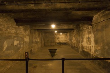 OSWIECIM, POLAND - 22 Ekim 2012 'de Polonya' nın Oswiecim kentinde eski bir Nazi imha kampı olan Auschwitz I 'deki gaz odası. Avrupa 'daki en büyük Nazi toplama kampıydı..