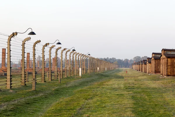 OSWIECIM, POLSKA - PAŹDZIERNIK 22: Ogrodzenie elektryczne w byłym nazistowskim obozie zagłady Auschwitz II 22 października 2012 r. w Oświęcimiu. Był to największy nazistowski obóz koncentracyjny w Europie.. — Zdjęcie stockowe