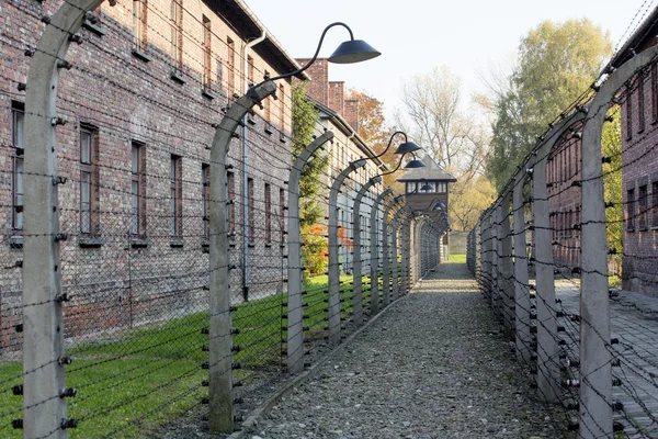 OSWIECIM, POLAND - 22 Ekim 2012 'de Polonya' nın Oswiecim kentinde eski bir Nazi imha kampı olan Auschwitz I 'de elektrik fenesi. Avrupa 'daki en büyük Nazi toplama kampıydı.. — Stok fotoğraf