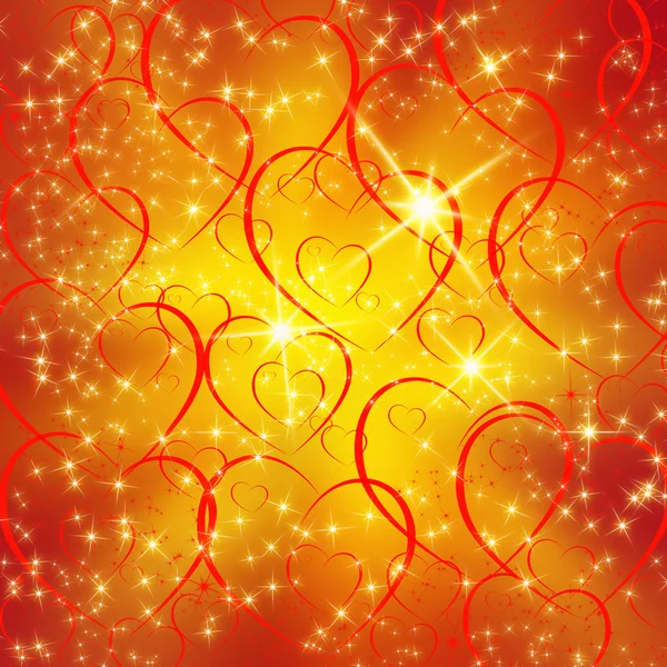 Abstrakte rote und gelbe Hintergrund mit leuchtenden Herzen und Sternen — Stockfoto