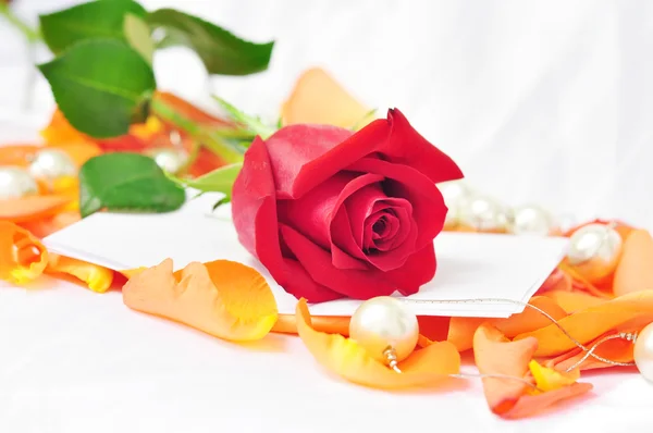 Romantic scenery - red rose on orange petals with pearls — Stock Photo, Image