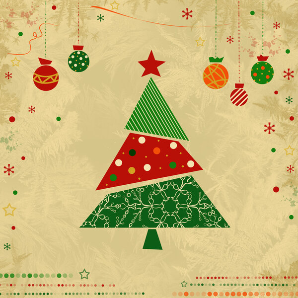 Винтажная рождественская открытка с елкой и новогодними пузырями
