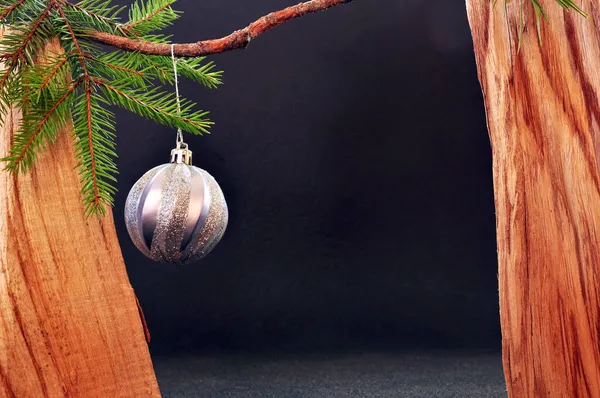 Jul Bakgrund Med Träram Silver Glitter Boll Och Gren Julgran — Stockfoto