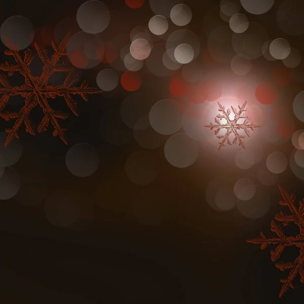 Dark Brown Blurred Winter Background Red Snowflakes — Stock Photo, Image