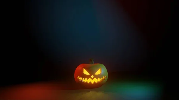 Vacanze Halloween Modello Spaventosa Zucca Luci Colorate Sul Bacino Nero — Foto Stock