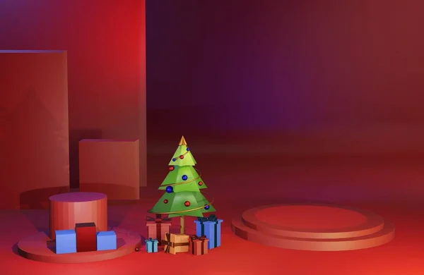 Soportes Con Árbol Navidad Cajas Regalo Sobre Fondo Rojo Podios — Foto de Stock