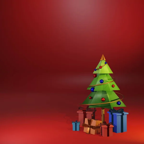 Árbol Navidad Con Regalos Sobre Fondo Rojo Oscuro Borroso — Foto de Stock