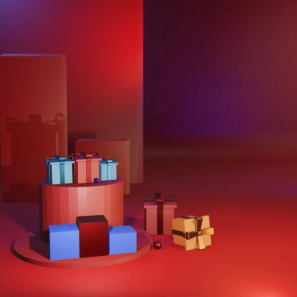 Czerwone Niebieskie Pudełka Prezenty Stoiskach Trzy Podium Czerwonym Tle Graficznym — Zdjęcie stockowe