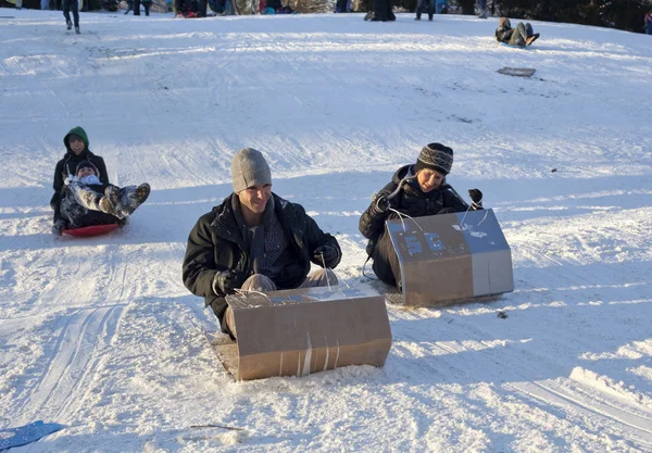 Sled riding in Central Park after snow storm Nemo — Stock Photo, Image