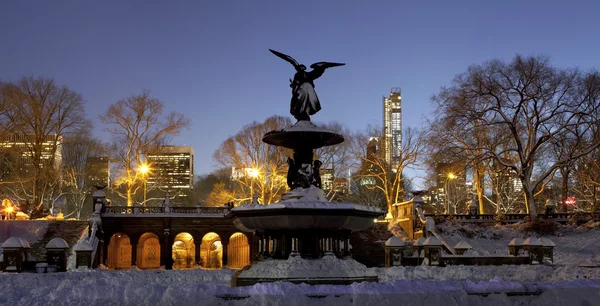 Panoramatické bethesda fontány v central parku new Yorku po sn — Stock fotografie