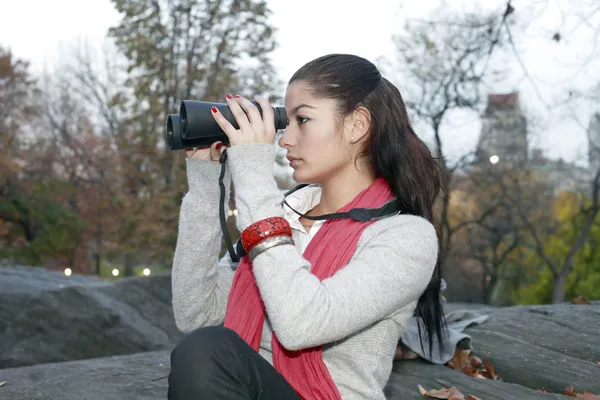 Girl with Binoculars — Stock Photo, Image