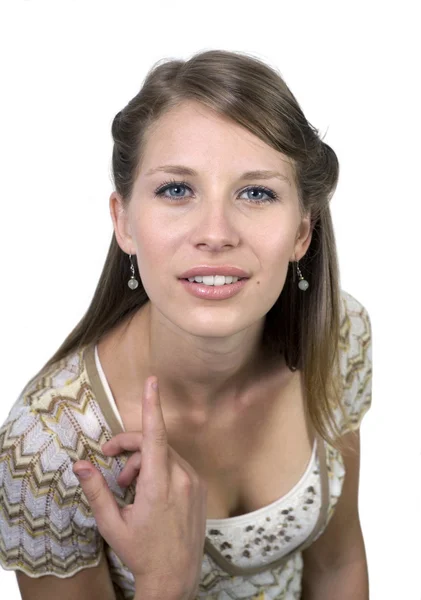 Menina gesticulando para olhar para ela — Fotografia de Stock