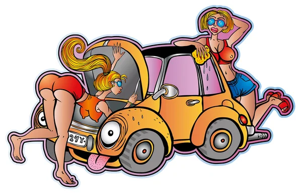 Chicas jóvenes y coche viejo — Vector de stock