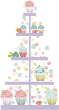 Masada çilek ve yabanmersinli farklı kekler var. Düğün, kutlama, tatil tasarımı.