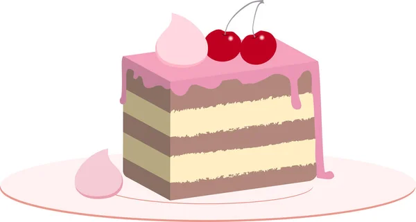 Шматочок торта, прикрашений вишнями та вершками. Векторний шматок пирога . — стоковий вектор