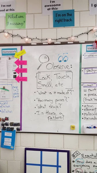 Physical Science intro lesson for English Language Learners.  Newcomer Science class whiteboard with directions.