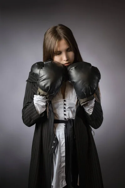 Creative Portrait Sad Tired Businesswoman Boxing Gloves Gray Background — Stock Photo, Image