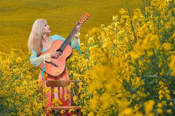 Sexy Woman Field Guitar Concept Freedom Inspiration Relaxation — Stock Photo, Image
