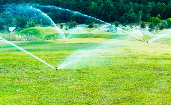 Sprinklers Watering System Working Green Golf Course — Stock Photo, Image