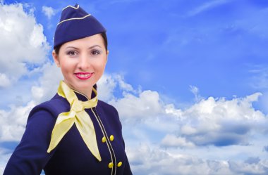 arka plan gökyüzü üzerinde üniforması giyen güzel genç gülümseyen hostes