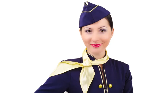 Bella giovane hostess sorridente in uniforme isolata — Foto Stock