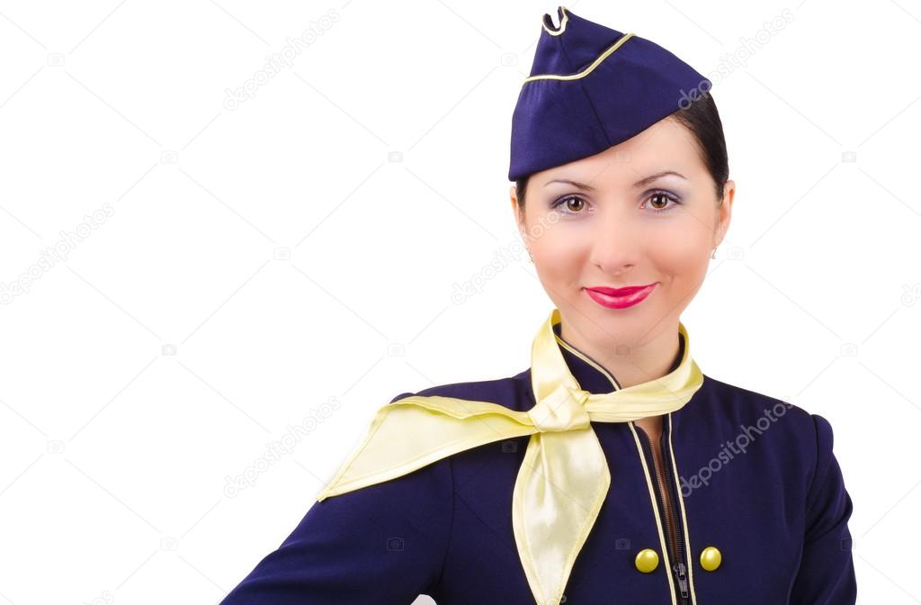 Beautiful young smiling stewardess in uniform isolated