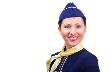 güzel genç gülümseyen hostes beyaz bir arka plan üzerinde izole