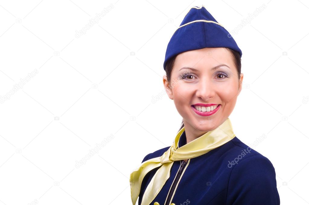 Beautiful young smiling stewardess isolated on a white background