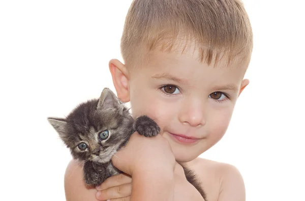Portrait of a beautiful little boy with a kitten in her arms — Stock Photo, Image