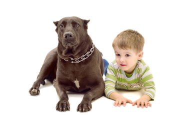 köpek ile birlikte yerde yatarken çocuk