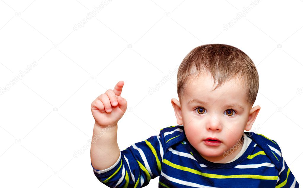 Portrait of beautiful boy pointing finger at camera