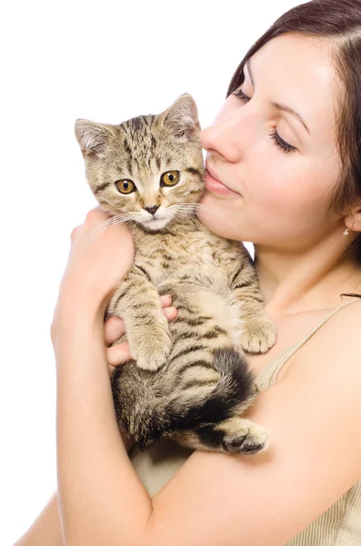 Beautiful woman with a kitten in her arms Scottish Straight Royalty Free Stock Photos