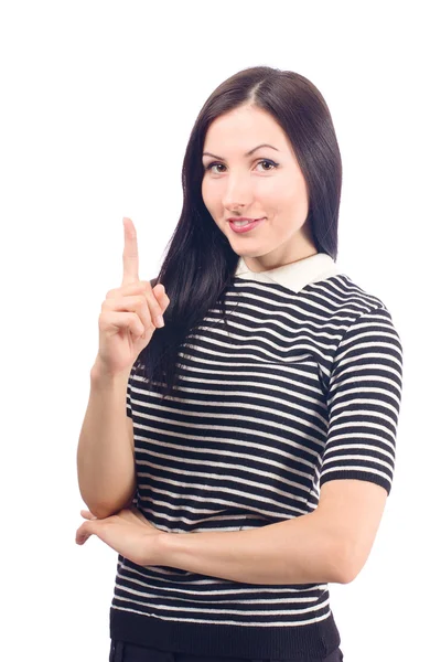 Portrait of beautiful young woman pointing finger up — Stock Photo, Image