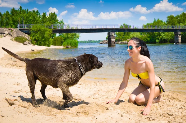 Young woman and dog playing on the beach — Stock Photo, Image