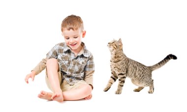 güzel gülen çocuk ve meraklı kedi