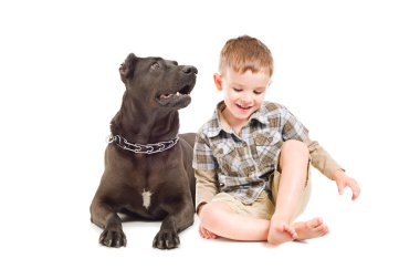 sevimli çocuk ve büyük köpek birlikte oturan gülüyor