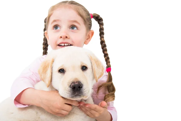 Porträt Von Niedlichen Kleinen Mädchen Umarmt Labrador Welpen Isoliert Auf — Stockfoto