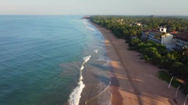 Sri Lanka kıyısında. Asya. Hint Okyanusu, plaj, orman ve palmiye ağaçları arasında oteller. Hava 4K.
