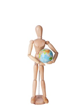 elinde tutan dünya tahta kukla şekil