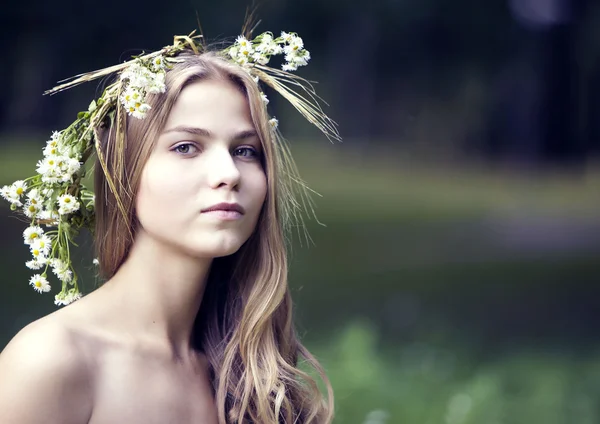 Portrait of the girl in a wreath from camomiles and ears — Stock Photo, Image